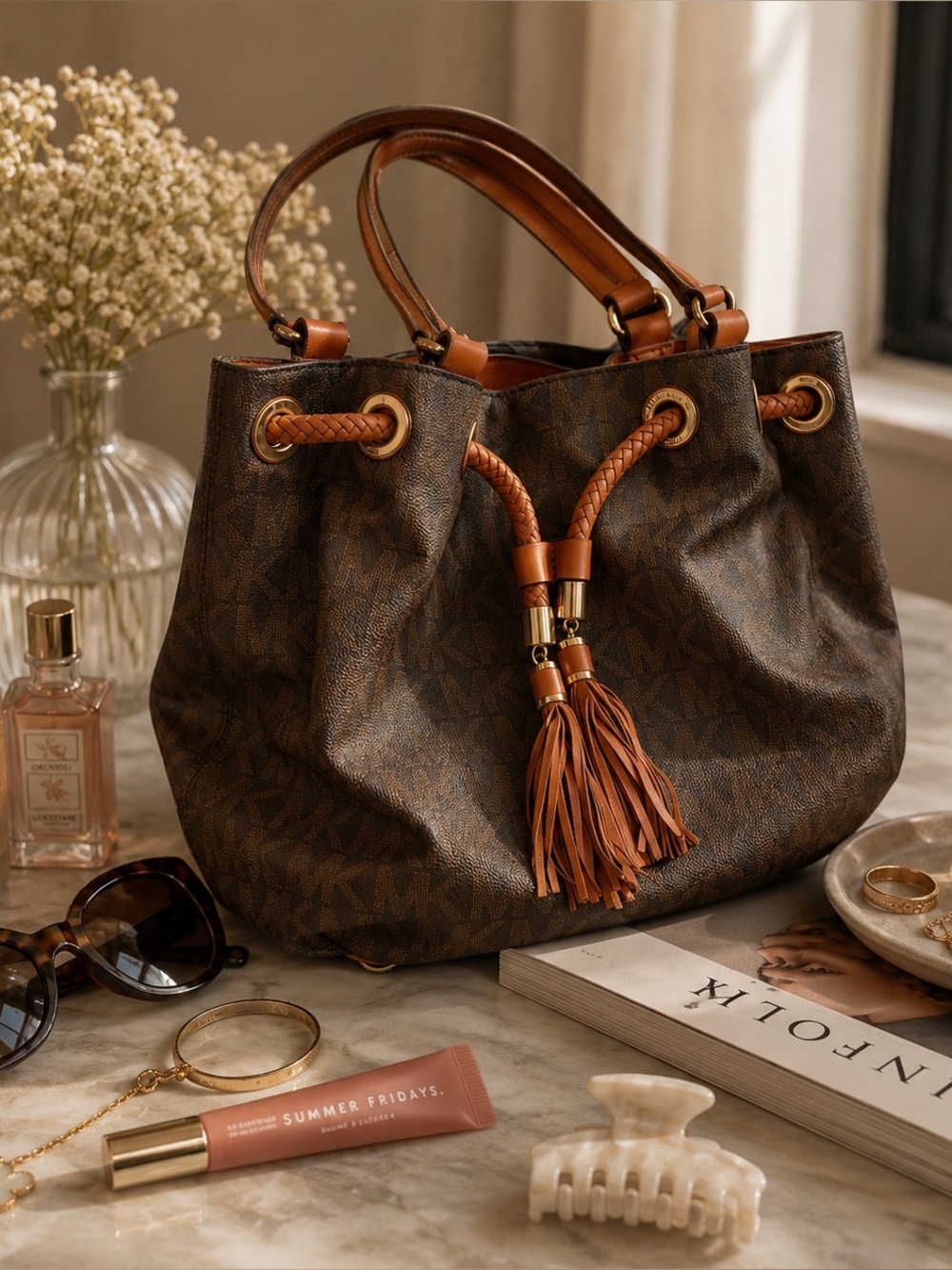 Michael Kors Brown Logo Tote with Tan Tassel Accents